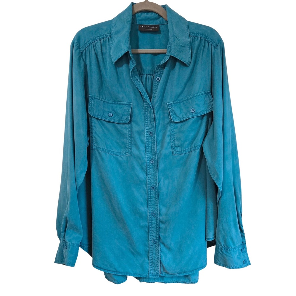 Lane Bryant Vintage Y2K Classic Boho Teal Button‎ Down Shirt Long Sleeve Sz 20